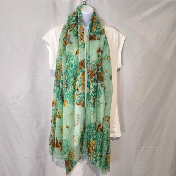 Eyeful Women's Sheer Fringe‎ Scarf Colorful Green Butterflies Earthy Goblincore - Picture 1 of 9